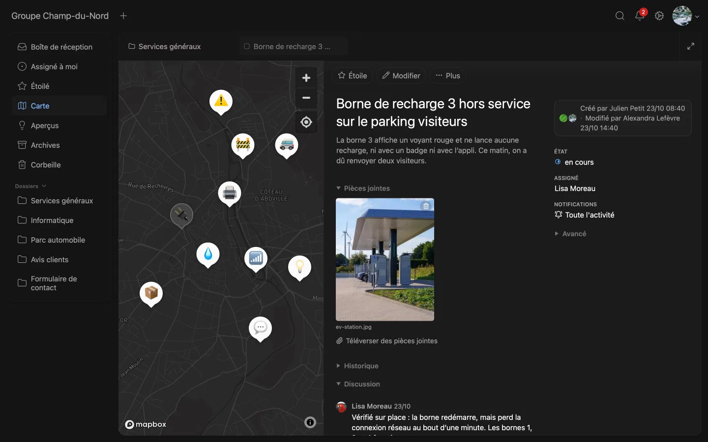 Carte Resolve avec des tâches et le détail d’une tâche ouverte