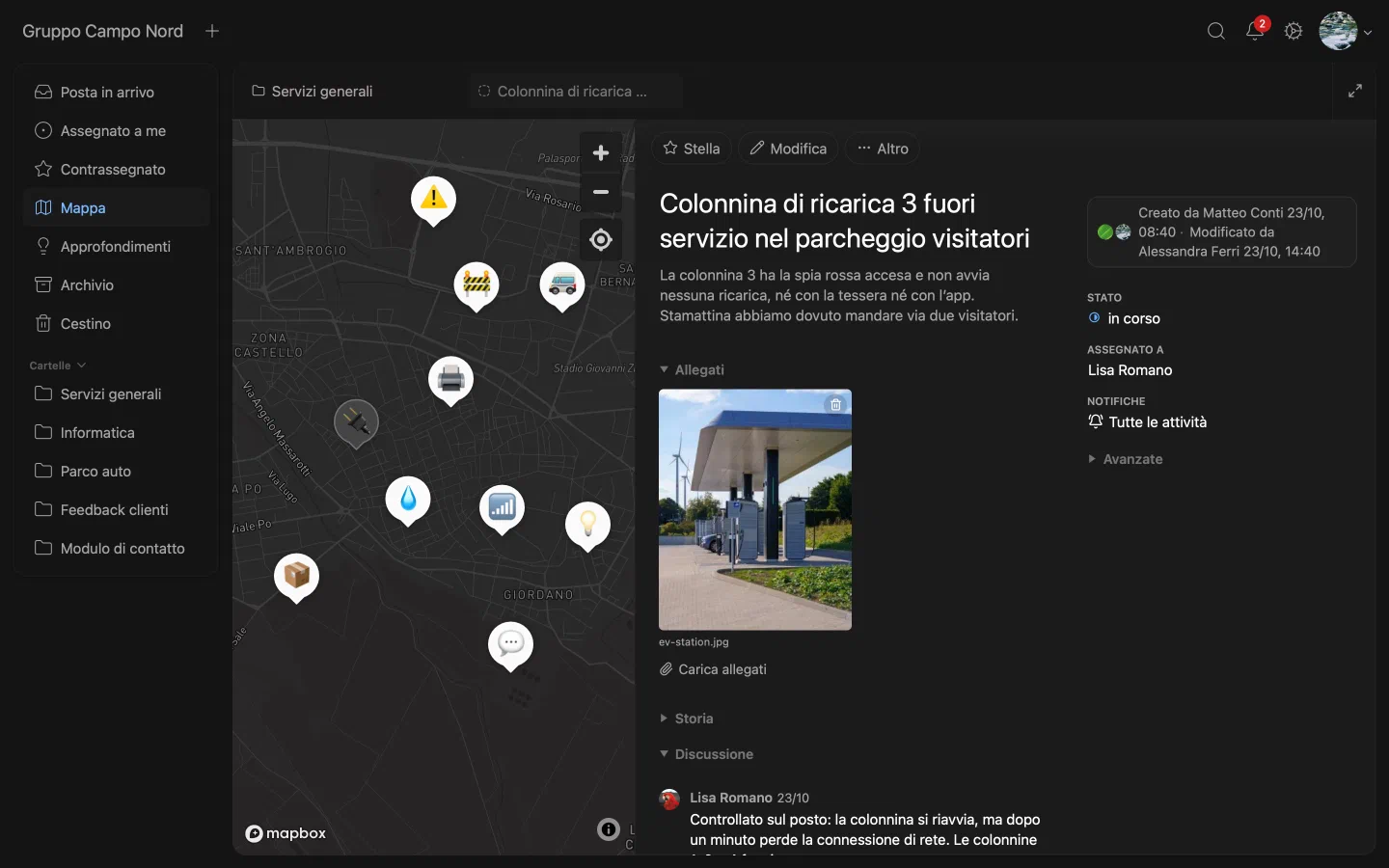 Mappa di Resolve con attività e i dettagli di un’attività aperta